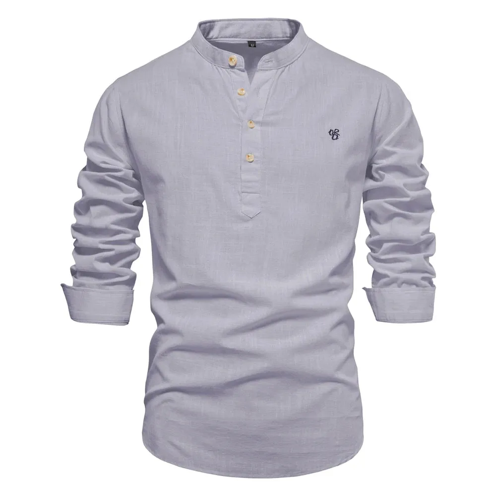 100% Cotton Embroidery Stand Collar Men's Shirts Solid Color Long Sleeve Shirts for Men New Spring Fashion Shirts Men