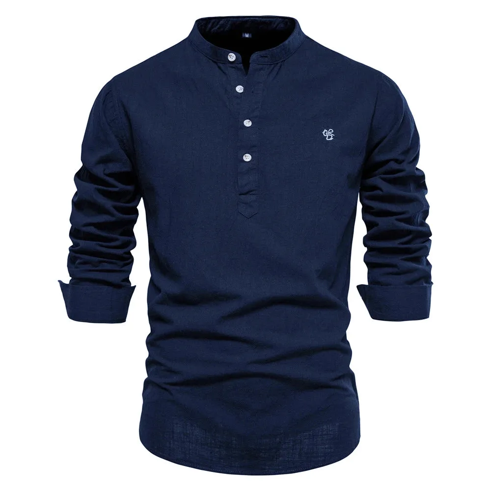 100% Cotton Embroidery Stand Collar Men's Shirts Solid Color Long Sleeve Shirts for Men New Spring Fashion Shirts Men