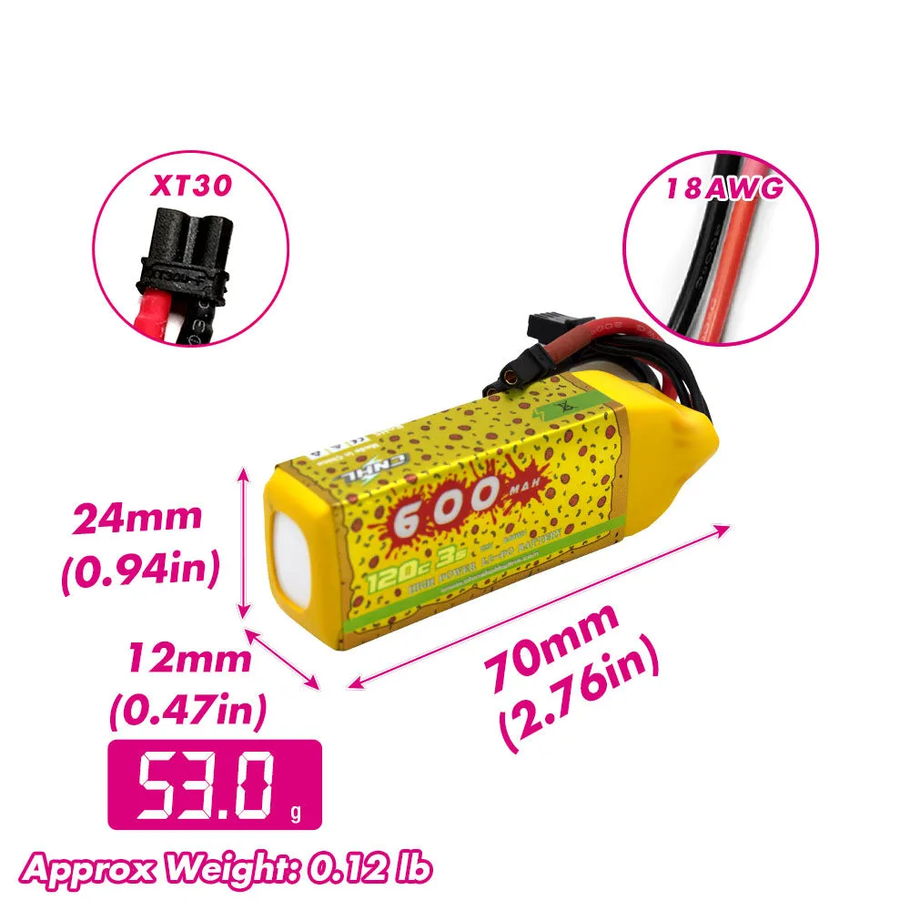 2 Packs CNHL Pizza Series 600mAh 11.1V 3S 120C Lipo Battery With XT30U - UK Warehouse