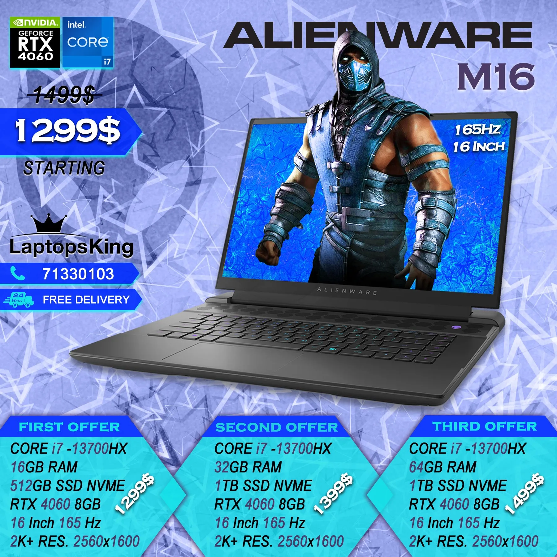 Alienware M16 Core i7-13700hx Rtx 4060 165hz 16" 2k  Gaming Laptops (New OB)