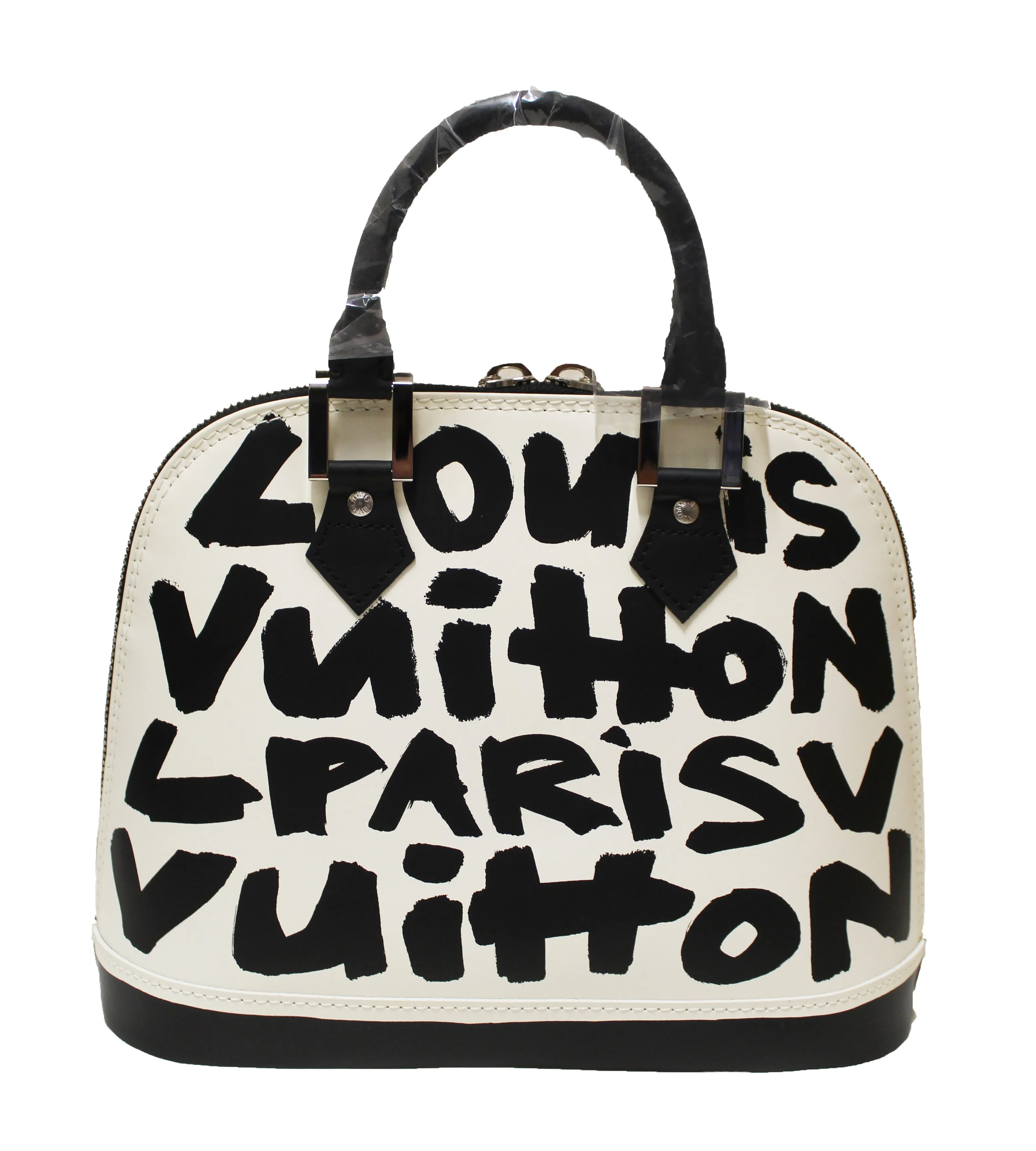 Authentic New Limited Edition Louis Vuitton White Alma MM Sprouse Black Graffiti Hand Bag