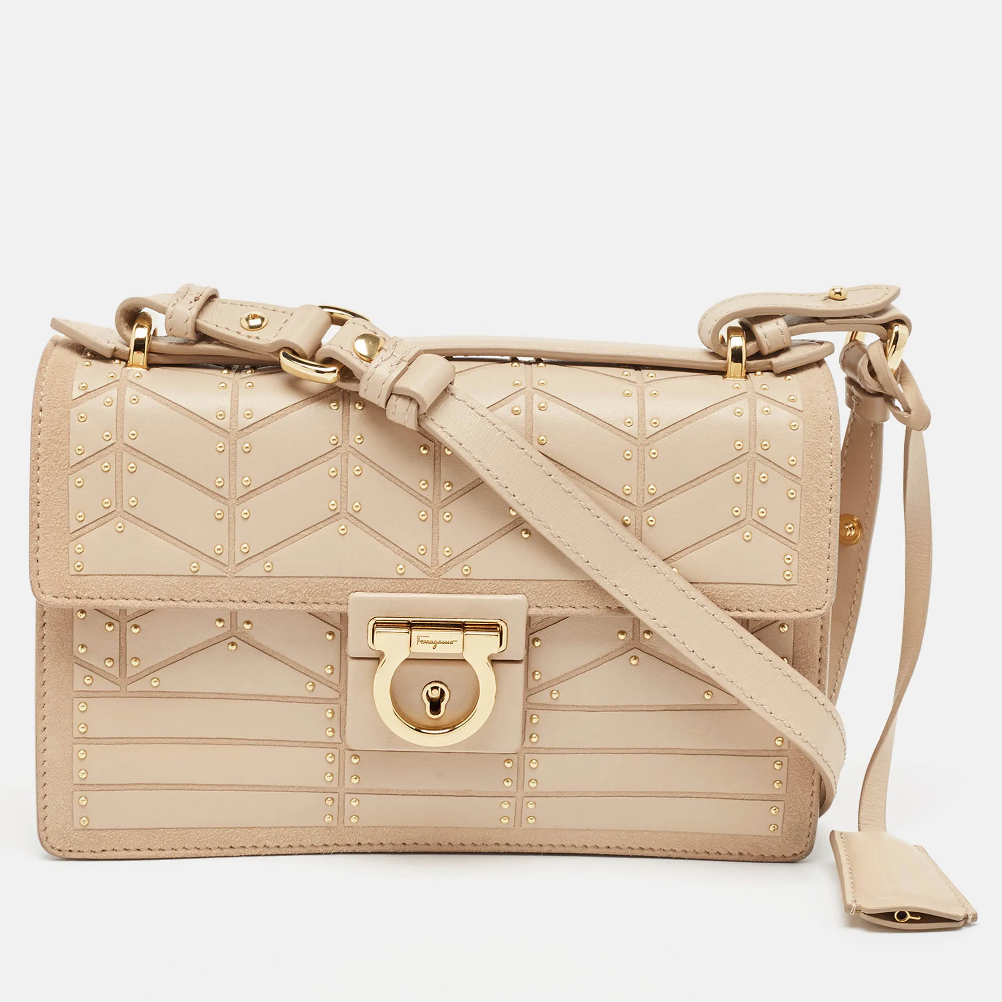 Beige Leather and Suede Mini Studded Aileen Shoulder Bag