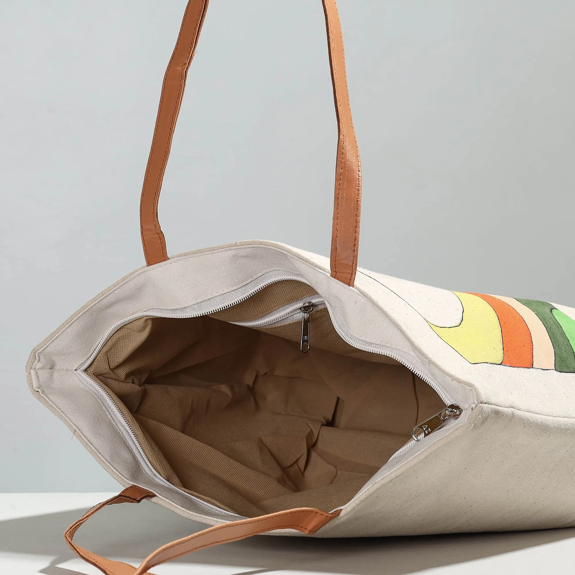 Beige - Modern Art - Handpainted Canvas Cotton Shoulder Bag