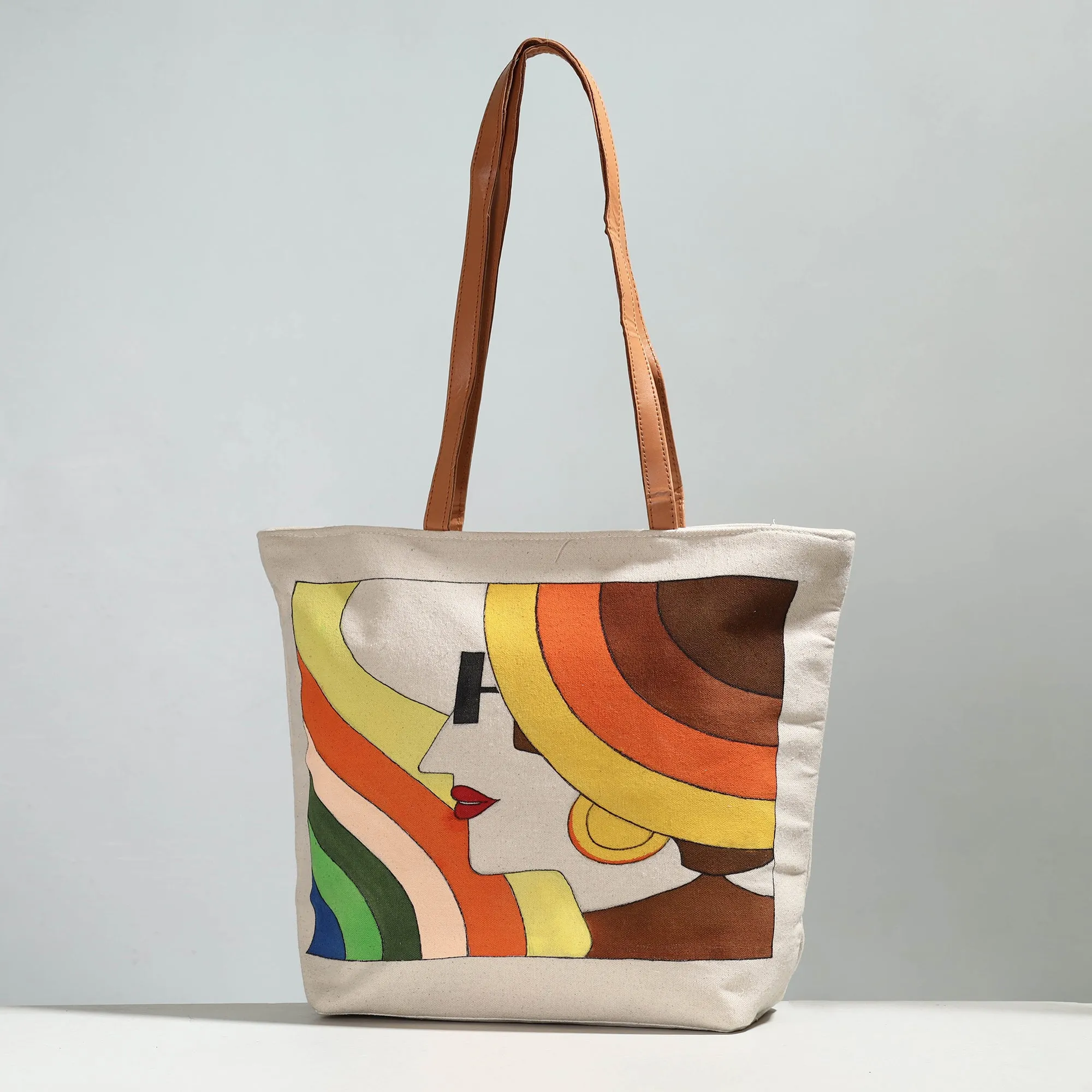 Beige - Modern Art - Handpainted Canvas Cotton Shoulder Bag