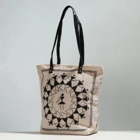 Beige - Warli Handpainted Jute Cotton Shoulder Bag