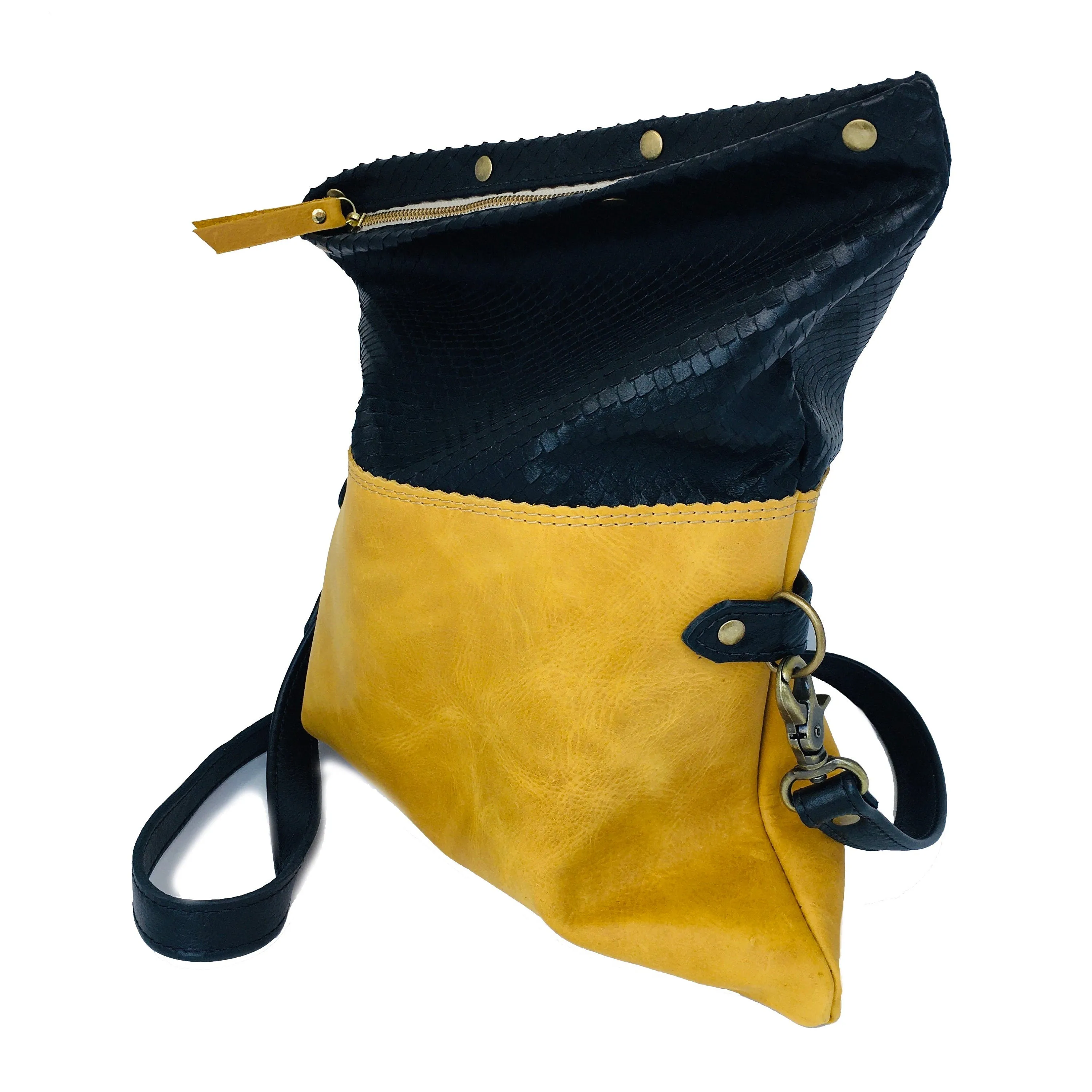 Black and Yellow Leather Foldover Crossbody Bag For Women - READY TO SHIP