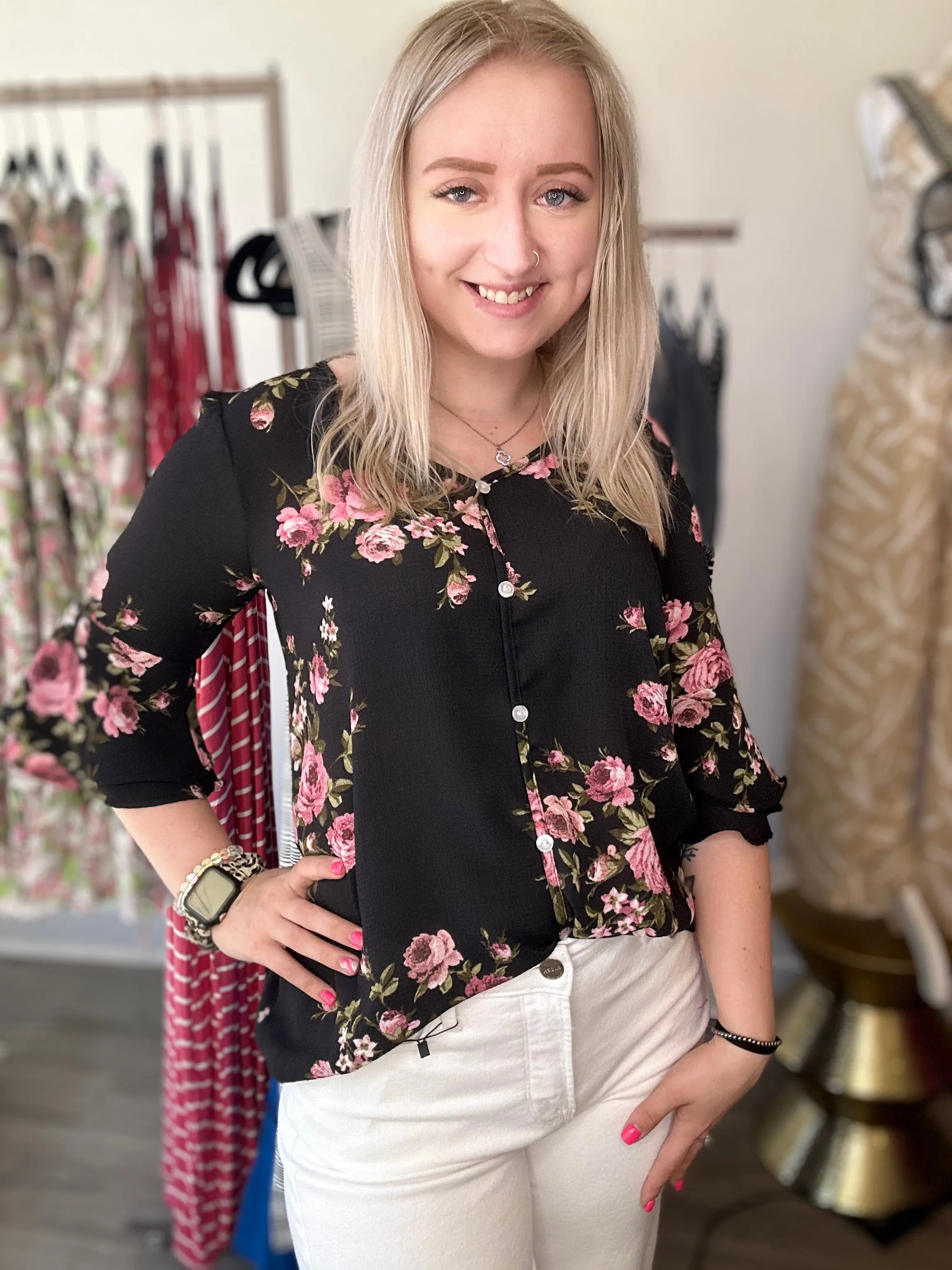 Black Floral Button Top Blouse