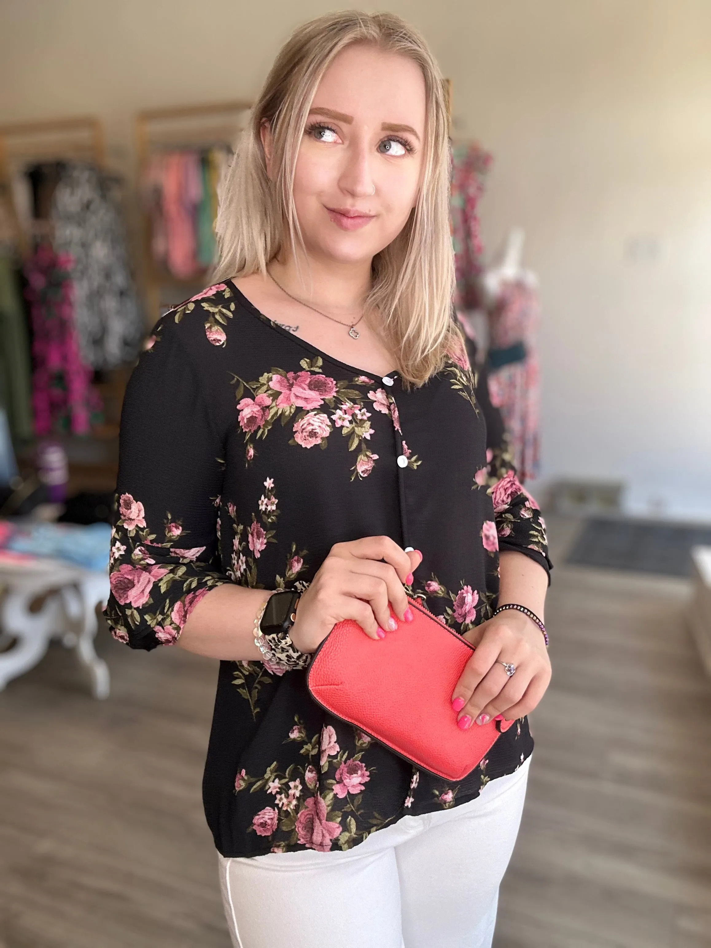 Black Floral Button Top Blouse