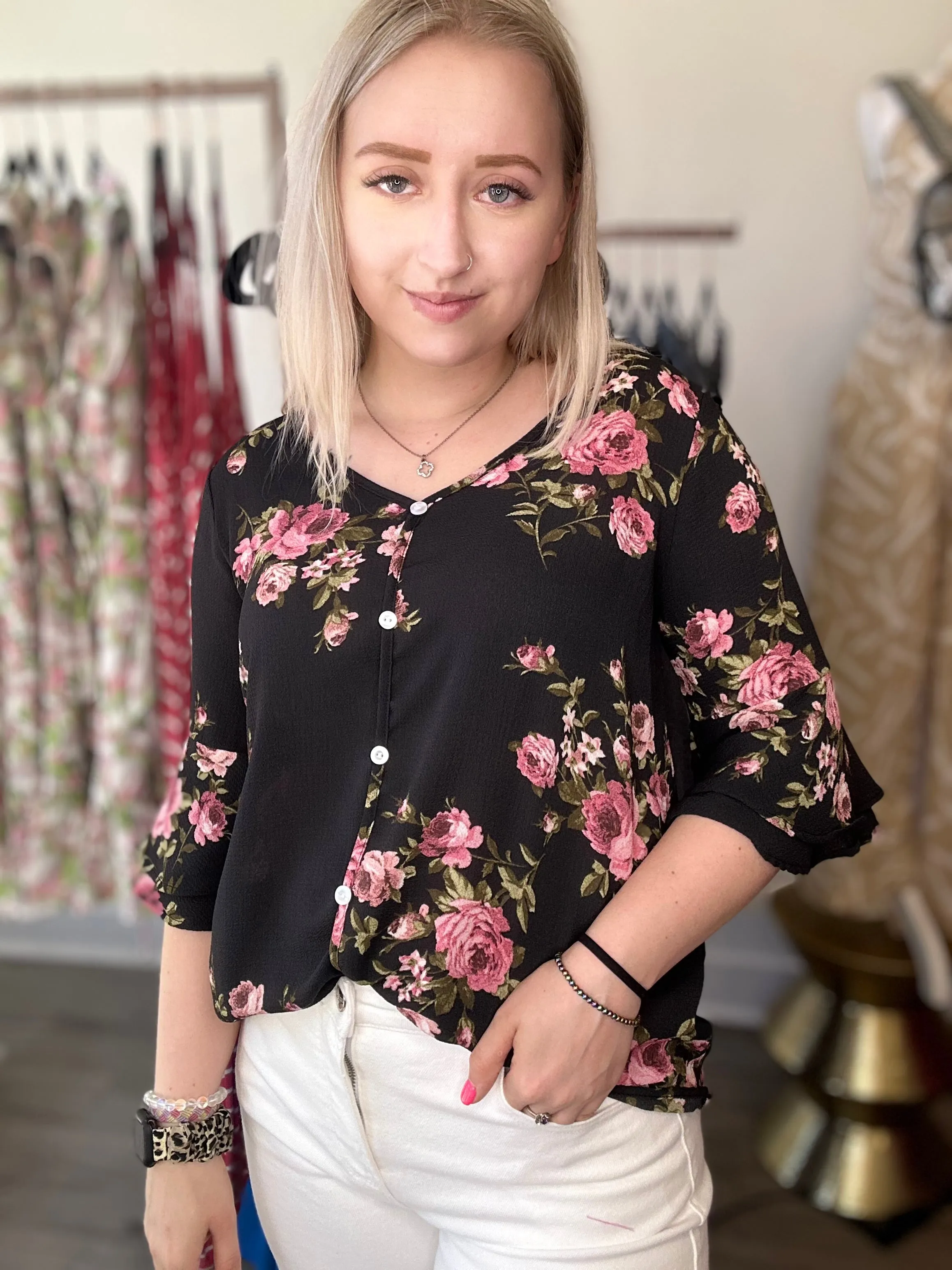 Black Floral Button Top Blouse