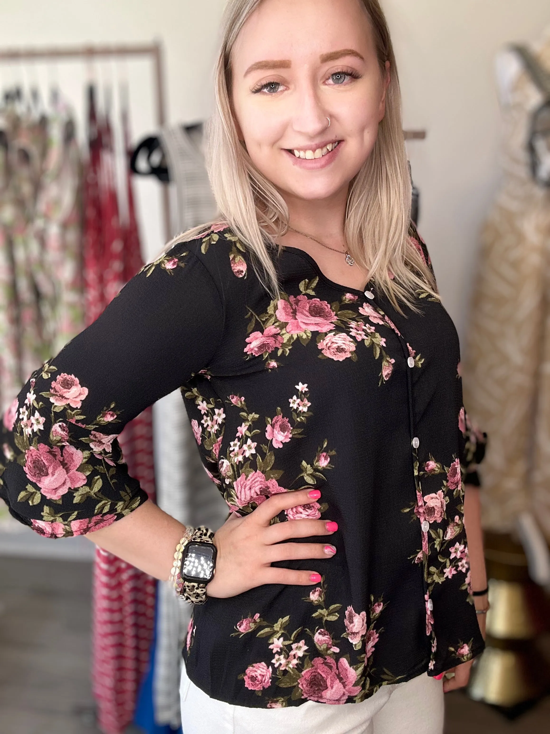 Black Floral Button Top Blouse