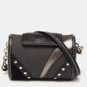 Black Leather and Canvas Studded Flap Shoulder Bag