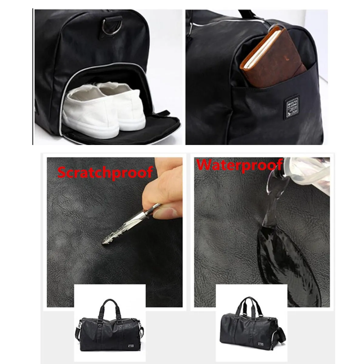 Black Men Travel Duffel Waterproof PU Leather Handbags Shoulder