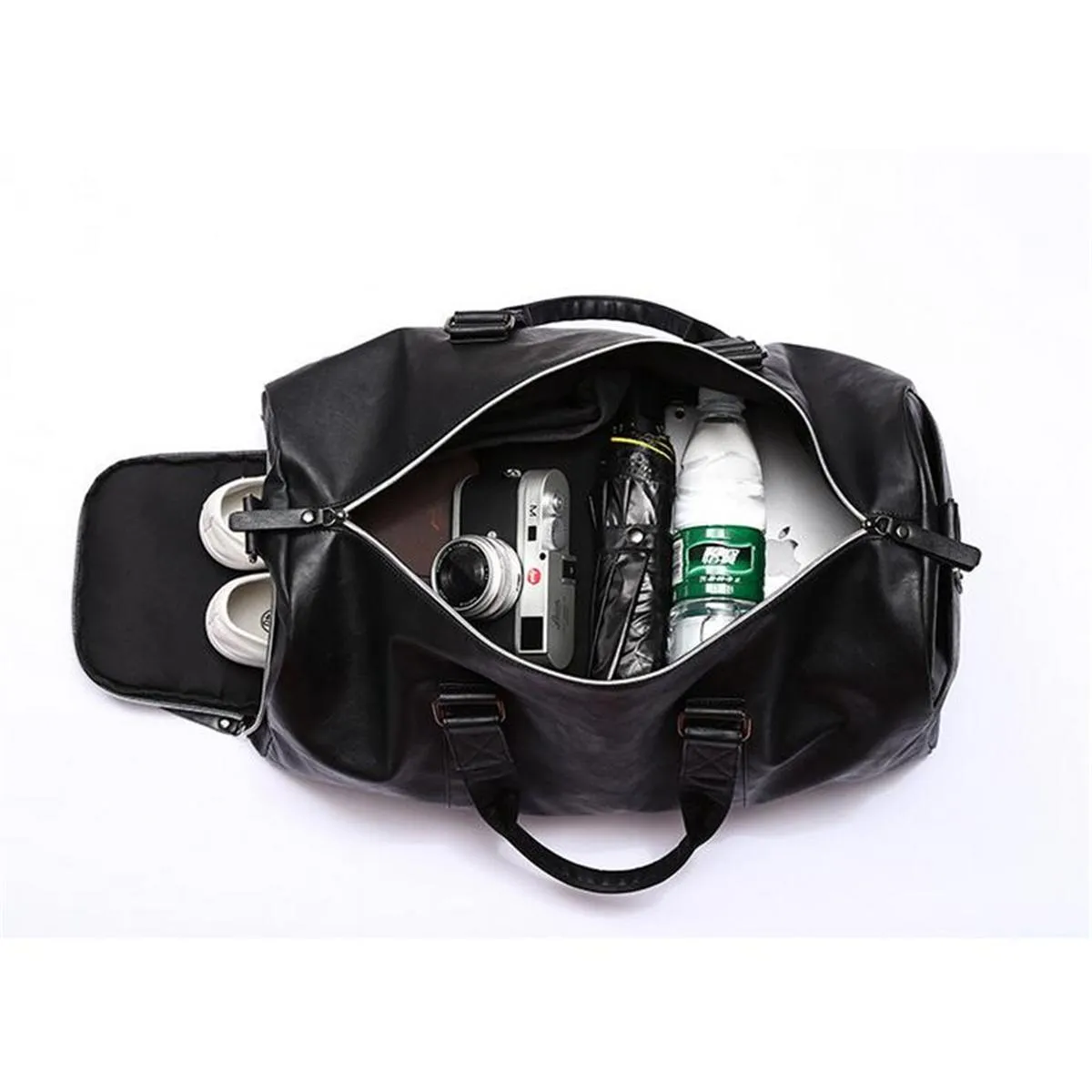 Black Men Travel Duffel Waterproof PU Leather Handbags Shoulder