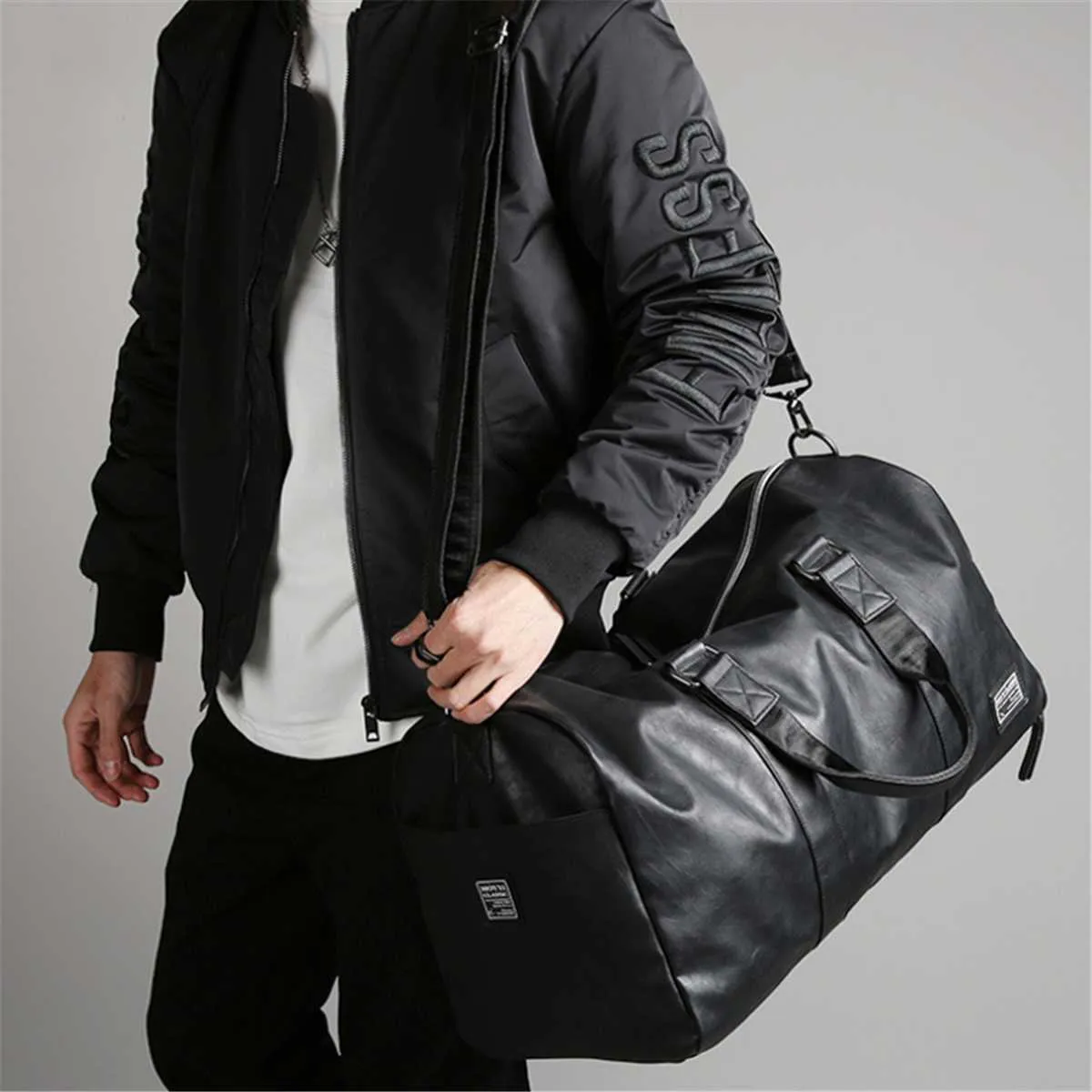 Black Men Travel Duffel Waterproof PU Leather Handbags Shoulder