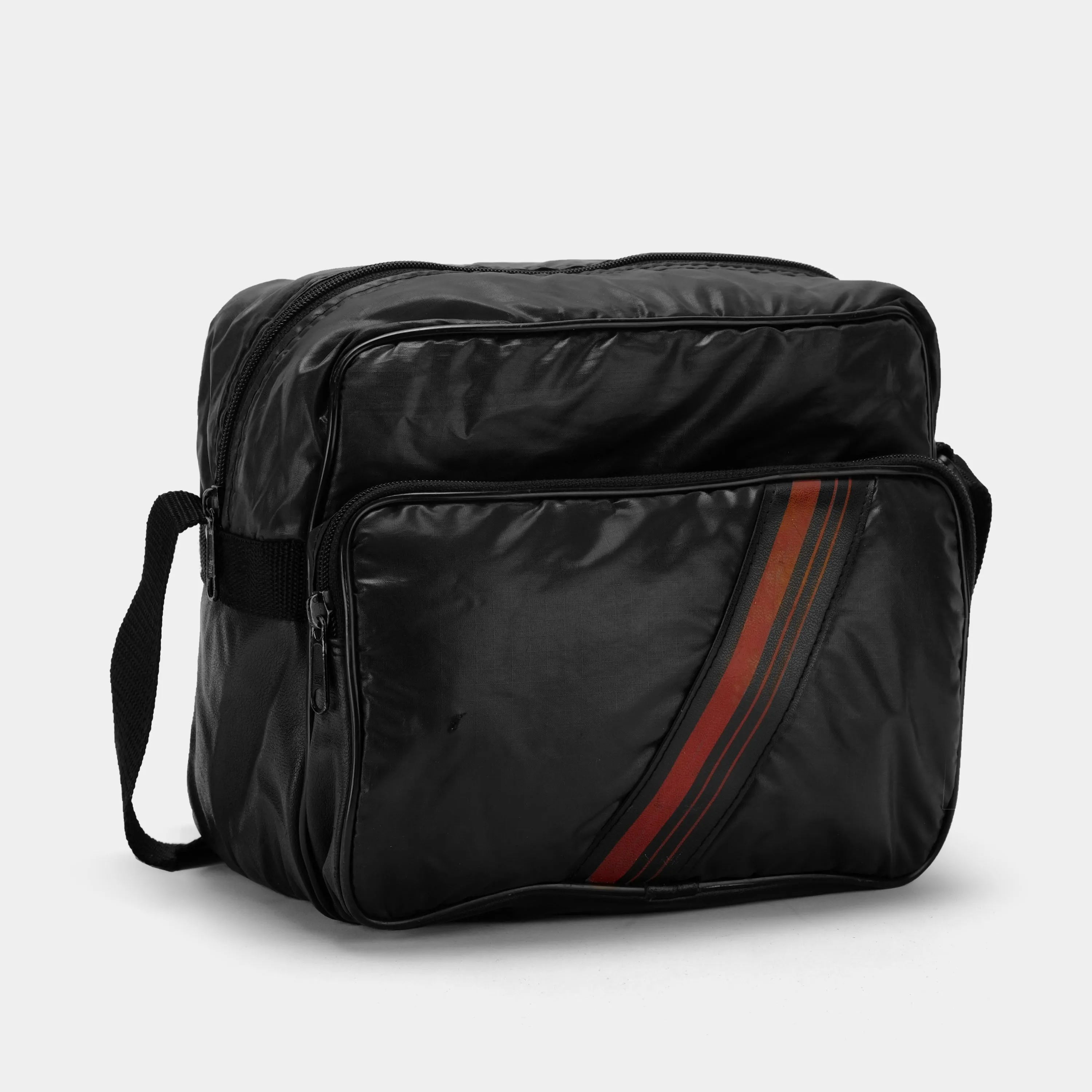 Black Vinyl Camera Bag With Red Stripes