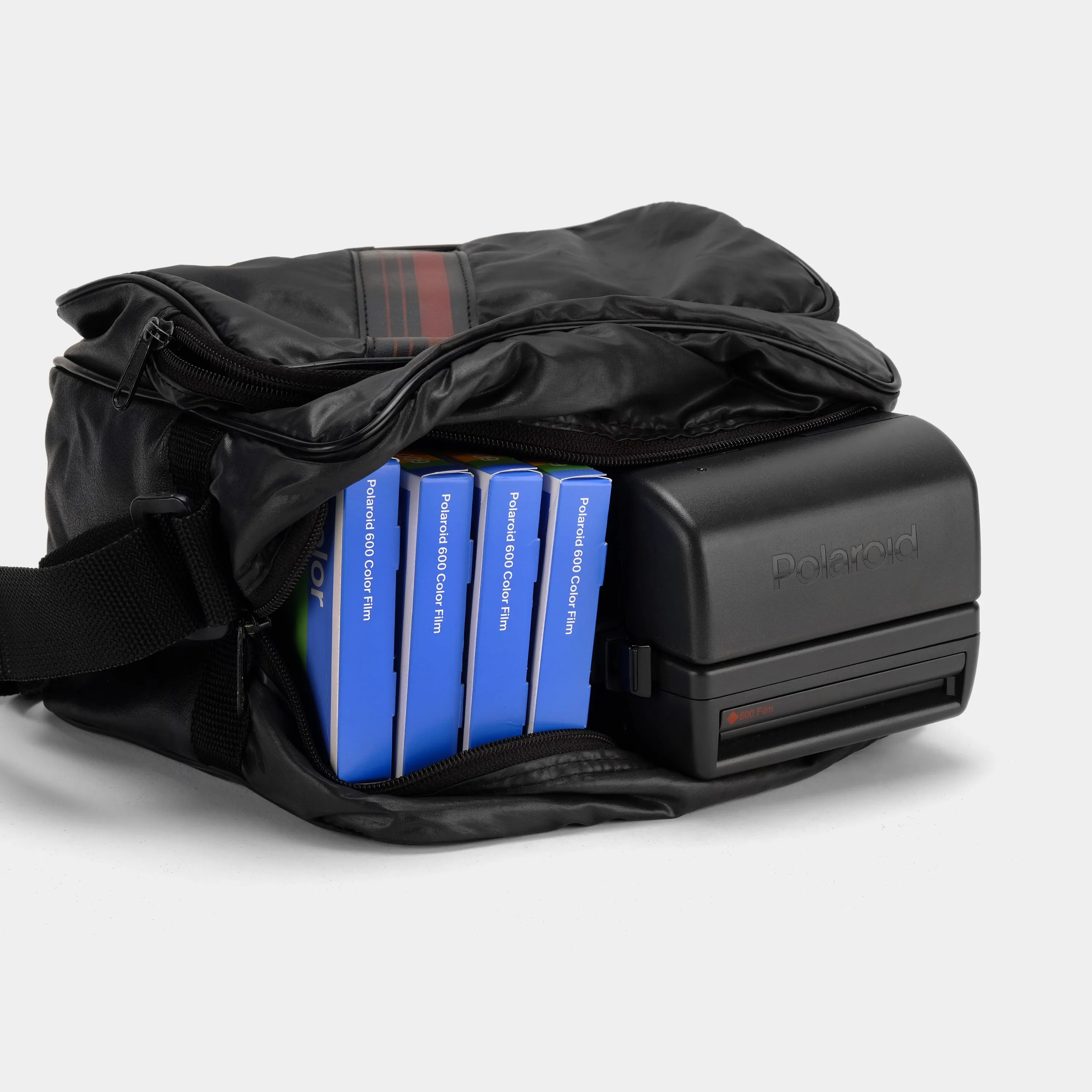 Black Vinyl Camera Bag With Red Stripes