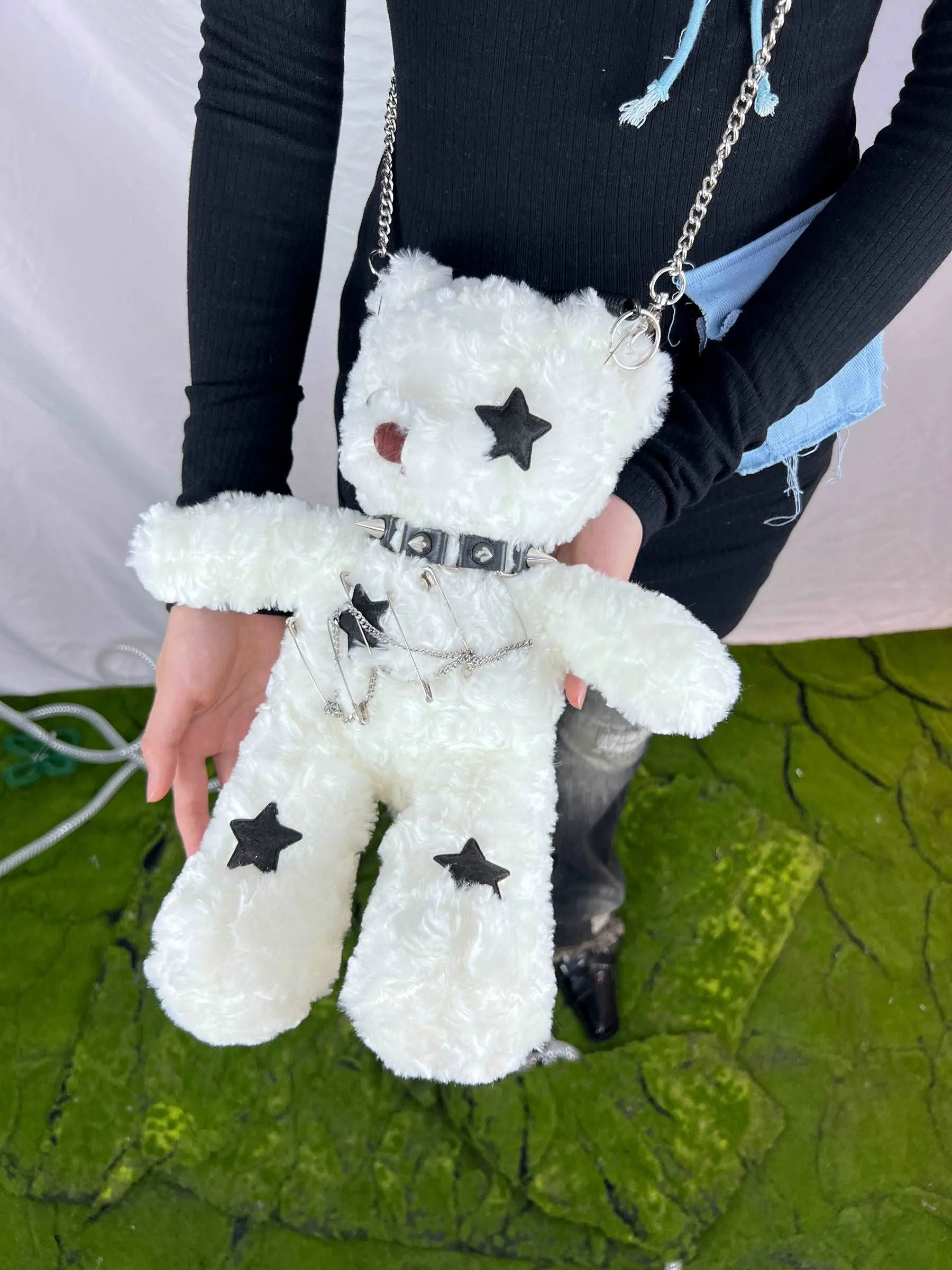 Black White Bear Doll Cute Plush Chain Star Love Collar Messenger Bag