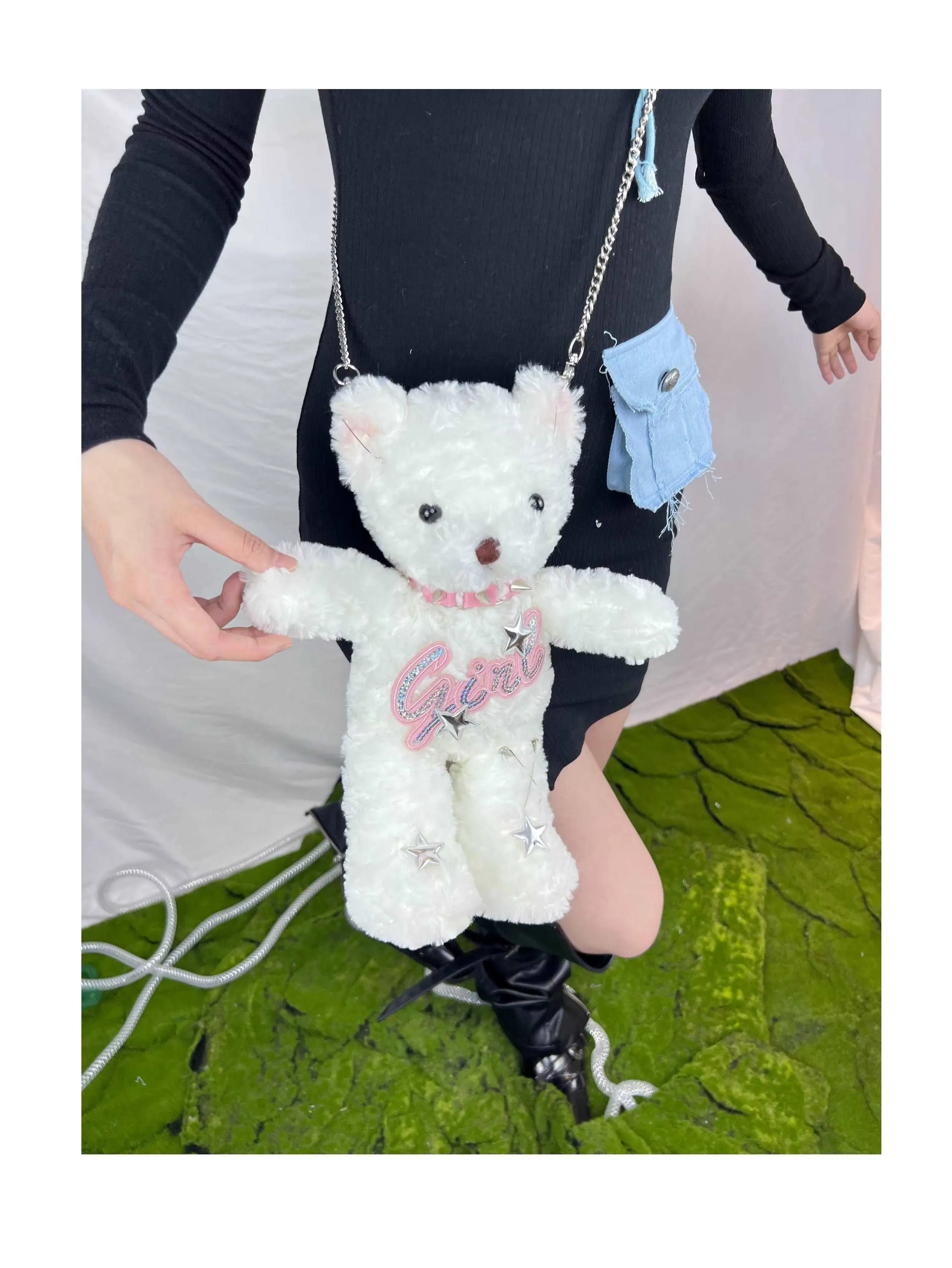 Black White Bear Doll Cute Plush Chain Star Love Collar Messenger Bag