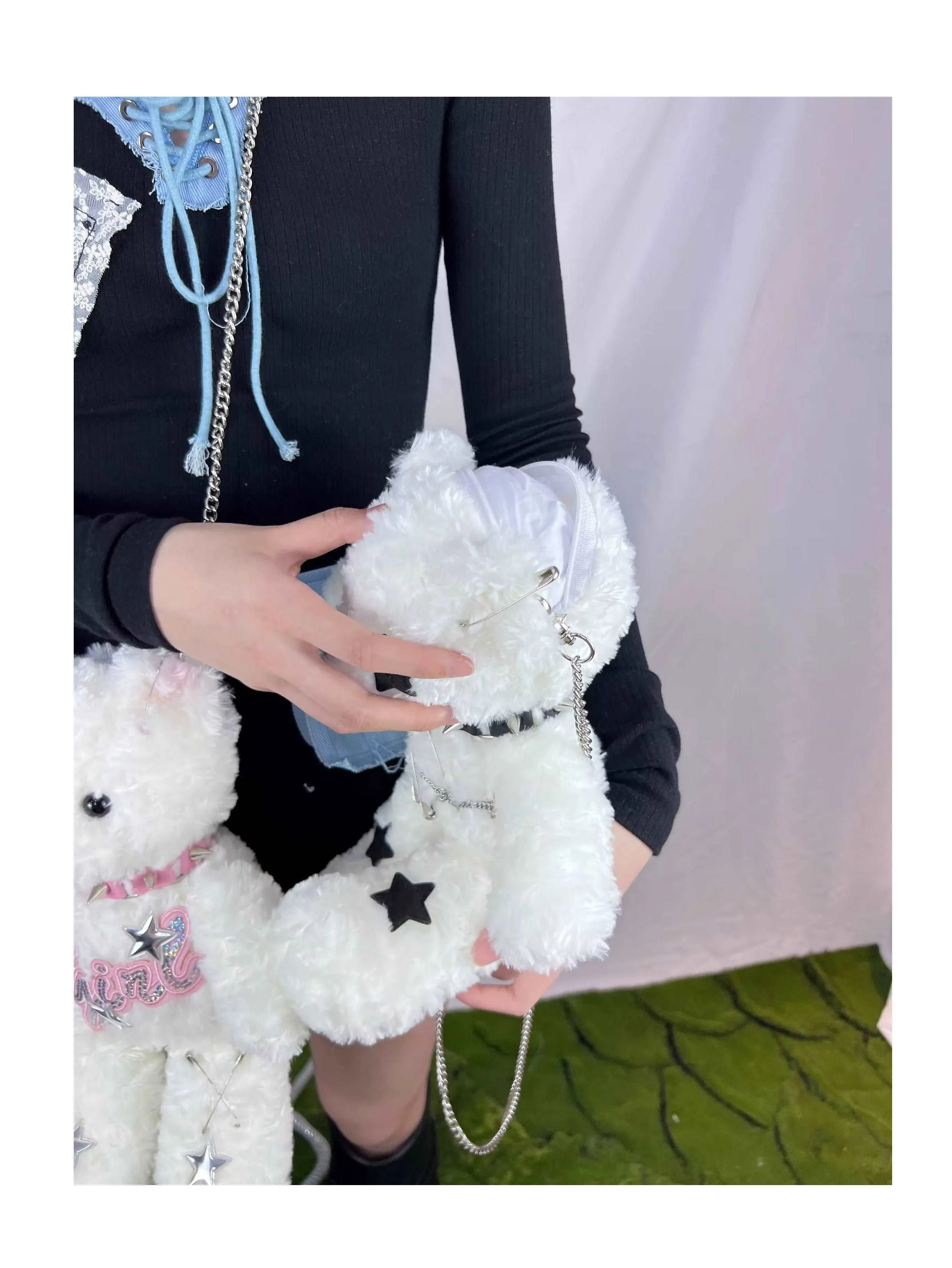 Black White Bear Doll Cute Plush Chain Star Love Collar Messenger Bag