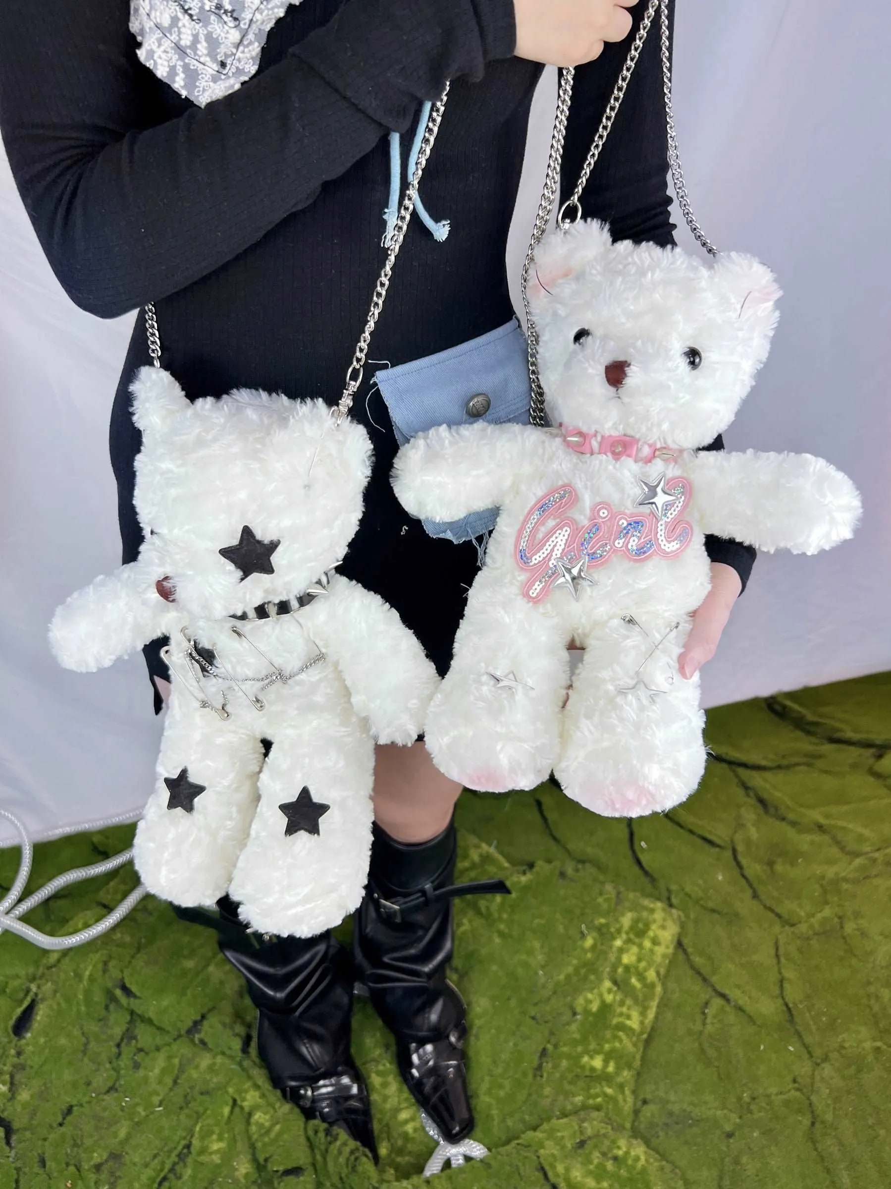 Black White Bear Doll Cute Plush Chain Star Love Collar Messenger Bag