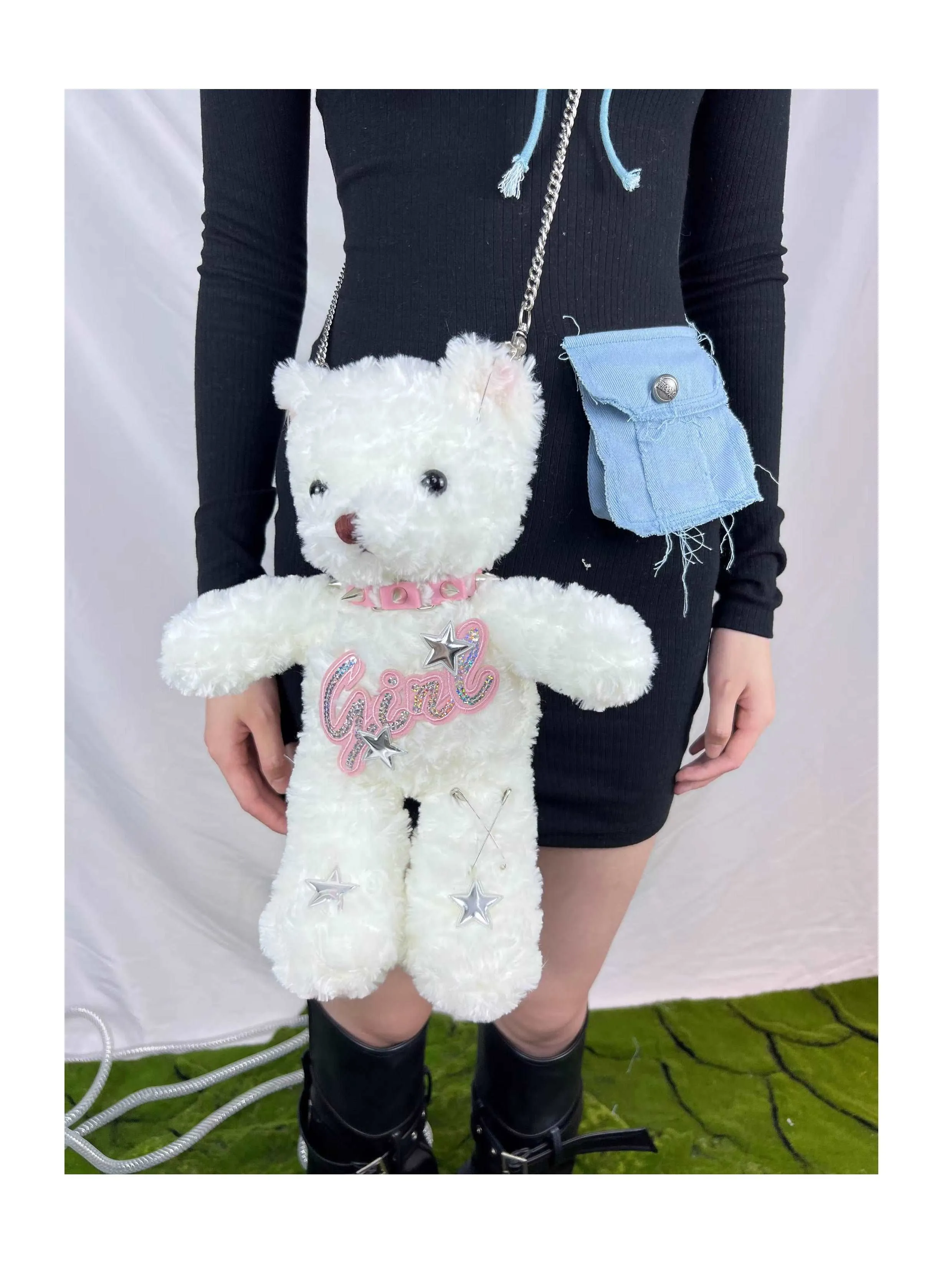 Black White Bear Doll Cute Plush Chain Star Love Collar Messenger Bag