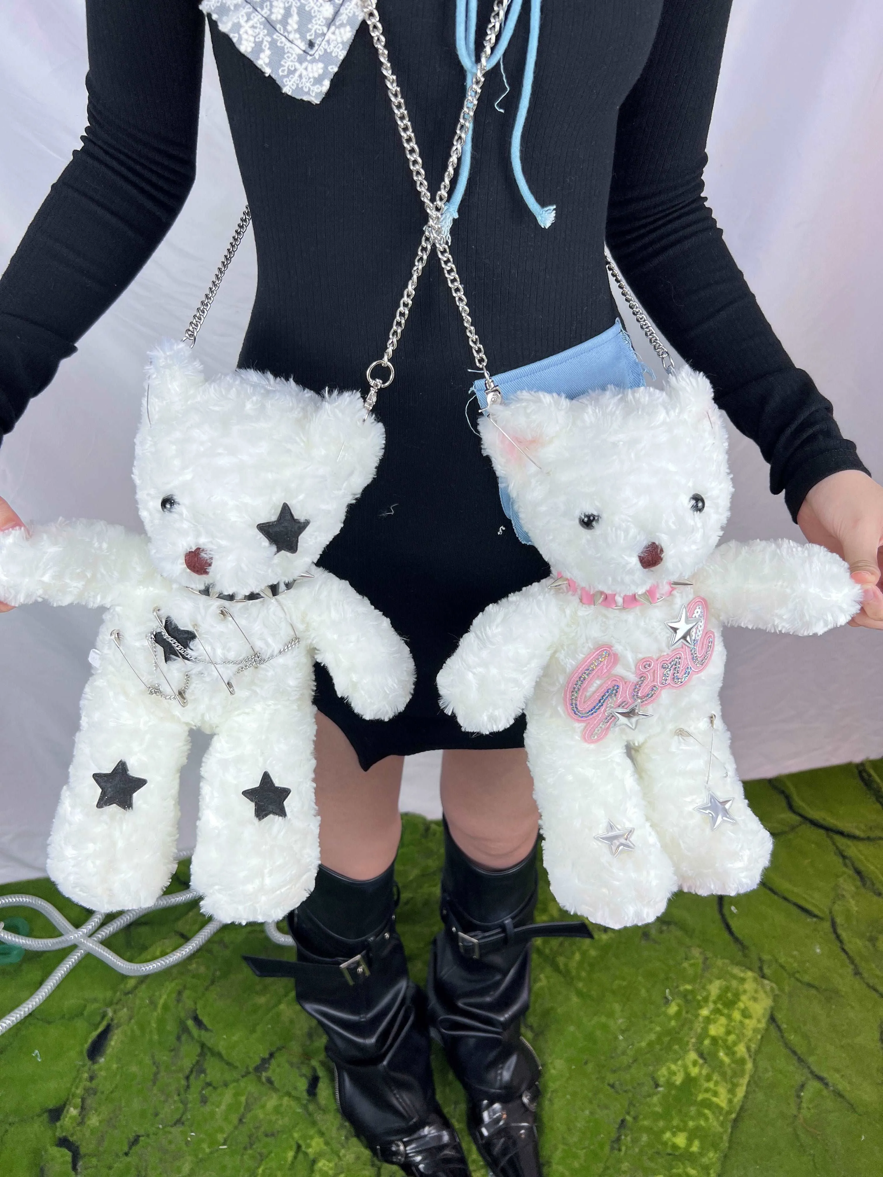 Black White Bear Doll Cute Plush Chain Star Love Collar Messenger Bag