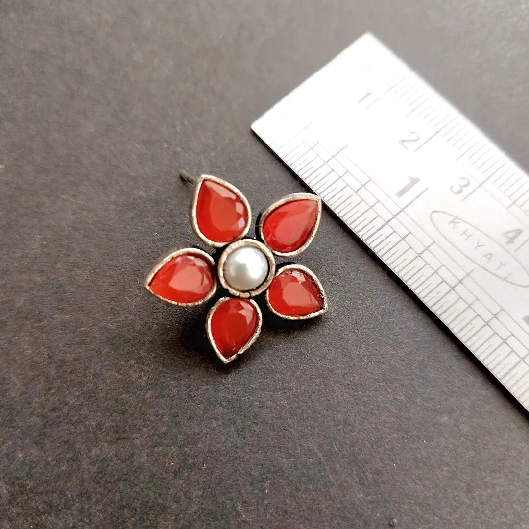 Blossom: Red Stone Flower Stud with Shell Pearl Center