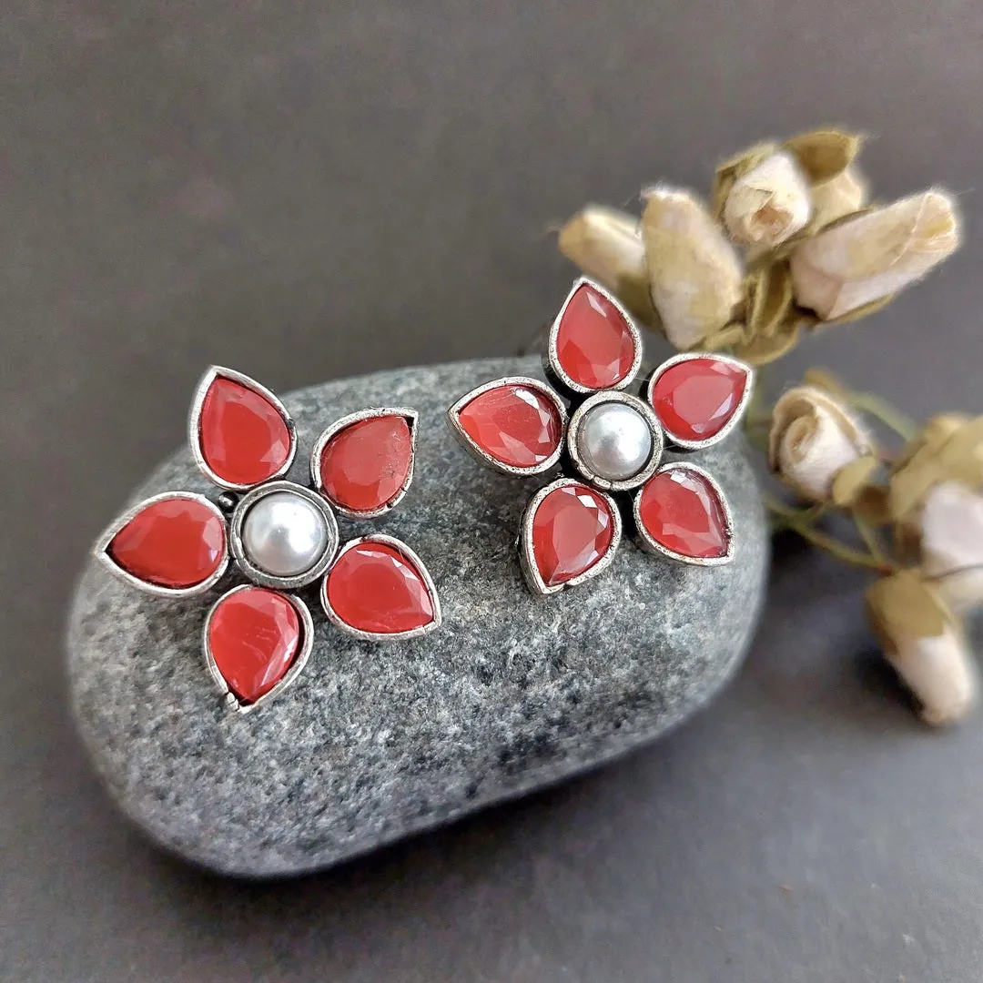 Blossom: Red Stone Flower Stud with Shell Pearl Center