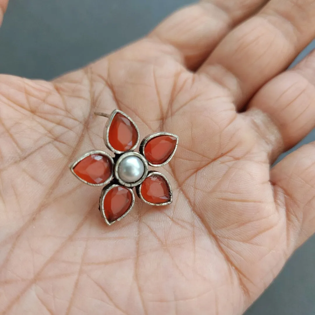 Blossom: Red Stone Flower Stud with Shell Pearl Center