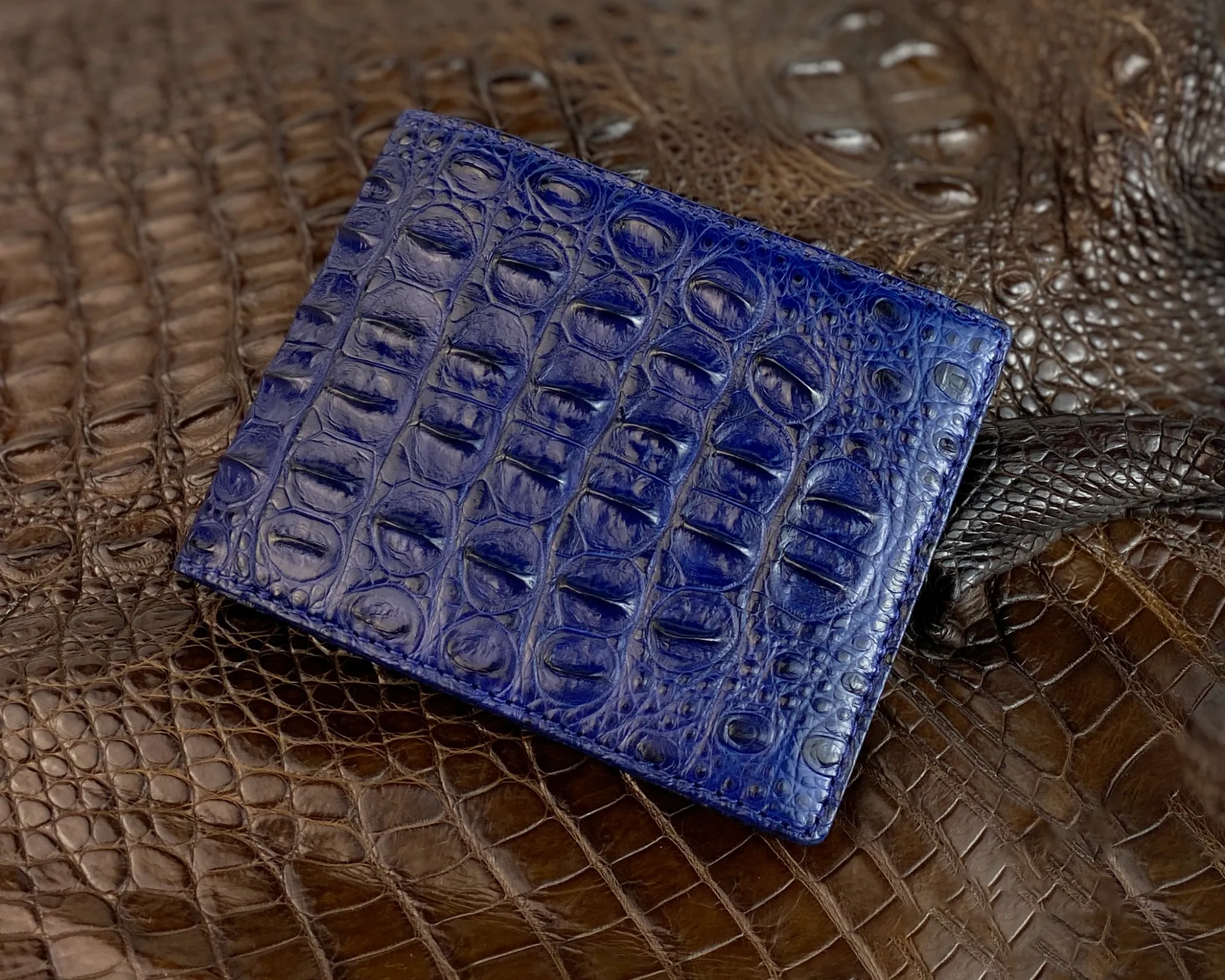 Blue Double Side Alligator Hornback Leather Bifold Wallet For Men RFID Blocking | VINAM-106