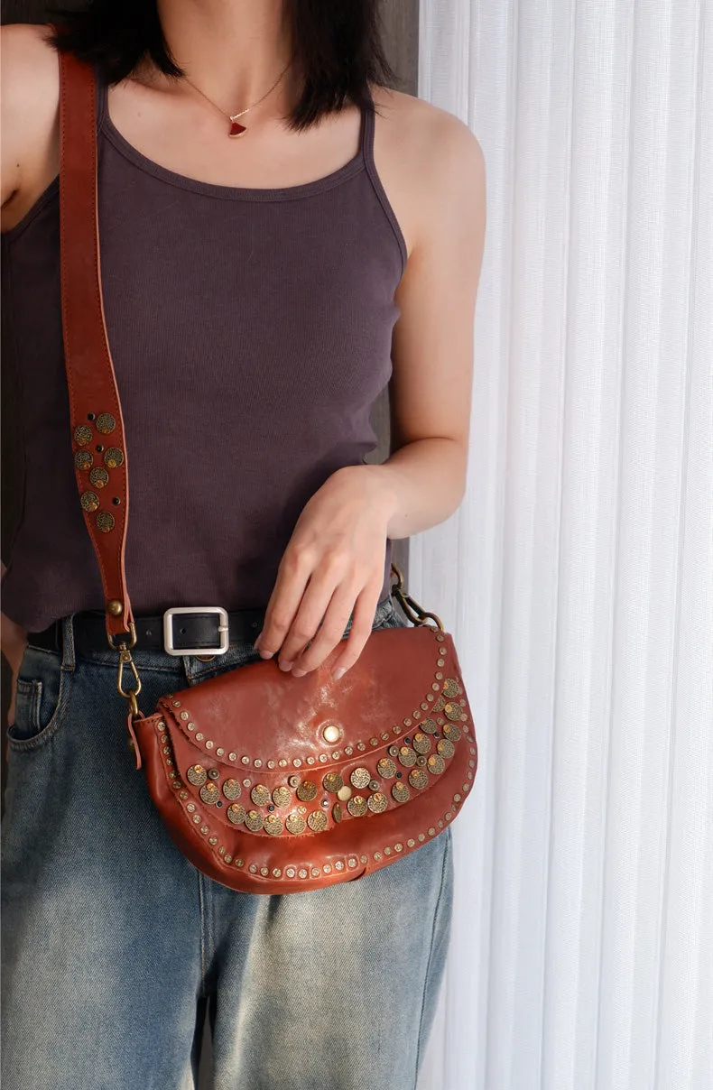 Boho Women's Small Crossbody Purse Brown Leather Shoulder Bag Studded With Rivets