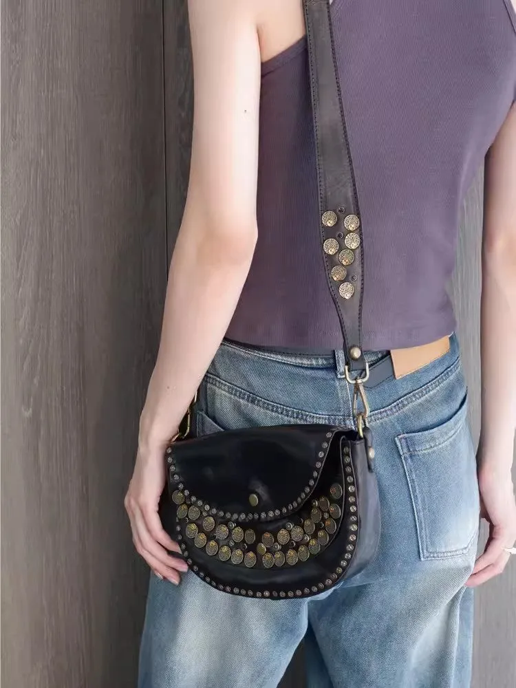 Boho Women's Small Crossbody Purse Brown Leather Shoulder Bag Studded With Rivets