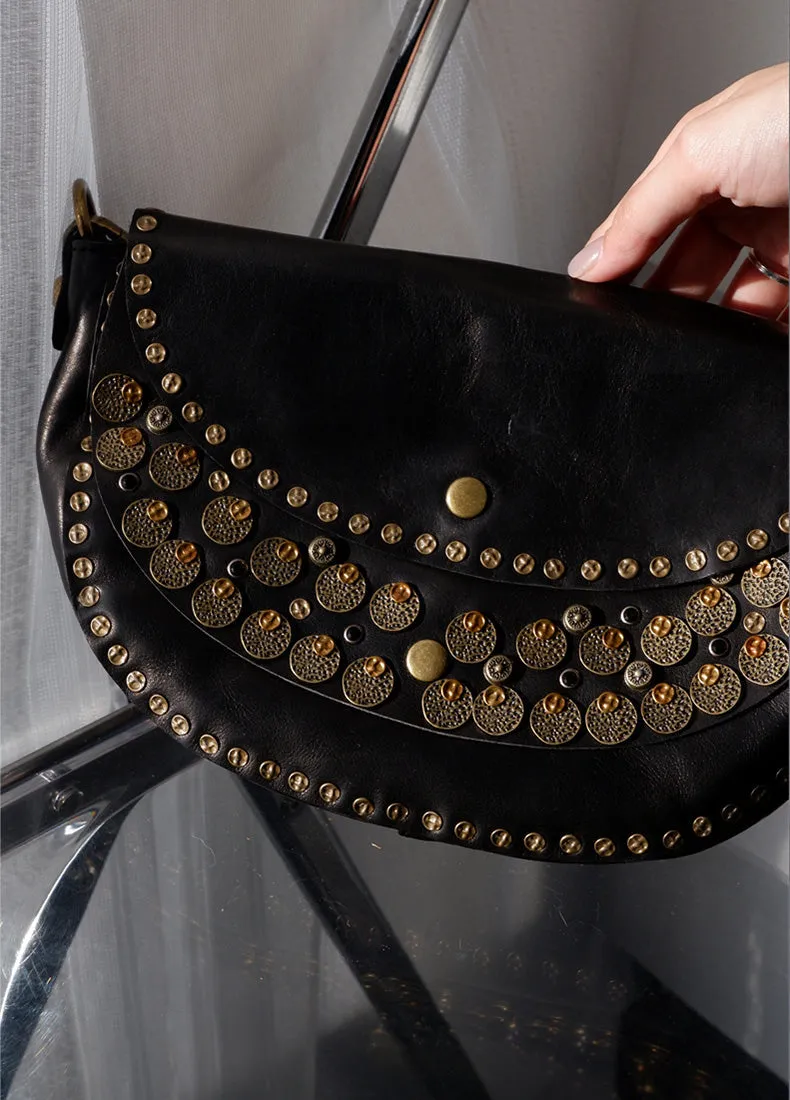 Boho Women's Small Crossbody Purse Brown Leather Shoulder Bag Studded With Rivets