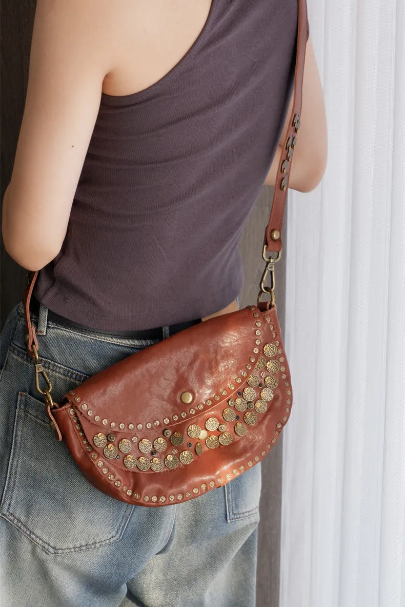 Boho Women's Small Crossbody Purse Brown Leather Shoulder Bag Studded With Rivets