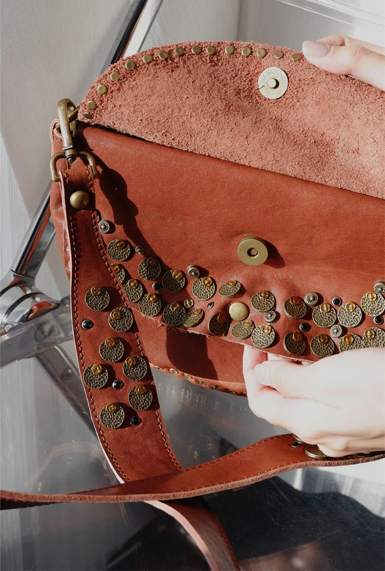 Boho Women's Small Crossbody Purse Brown Leather Shoulder Bag Studded With Rivets