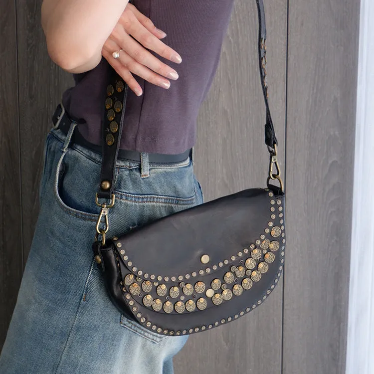 Boho Women's Small Crossbody Purse Brown Leather Shoulder Bag Studded With Rivets