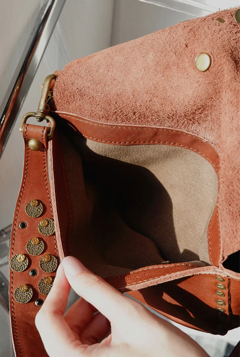 Boho Women's Small Crossbody Purse Brown Leather Shoulder Bag Studded With Rivets