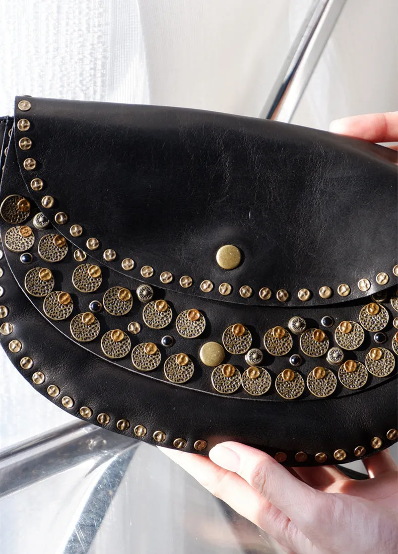 Boho Women's Small Crossbody Purse Brown Leather Shoulder Bag Studded With Rivets