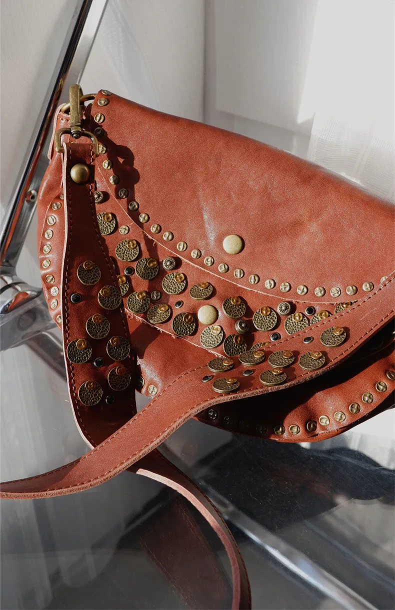 Boho Women's Small Crossbody Purse Brown Leather Shoulder Bag Studded With Rivets