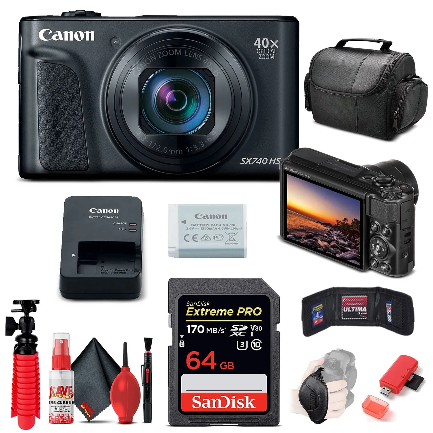 Canon PowerShot SX740 HS Digital Camera (Black) (2955C001)   64GB Card Base Bundle