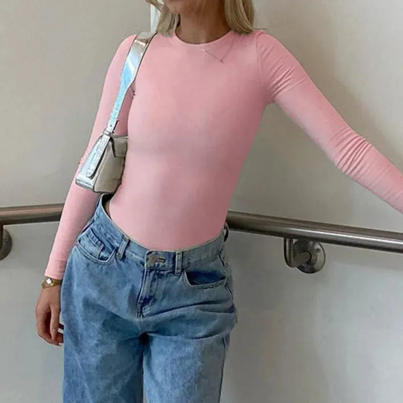 Casual Pink Skinny Long Sleeve Women Tee Shirts Solid Basic Elastic Spring Autumn Crop Tops All-Match Streetwear New