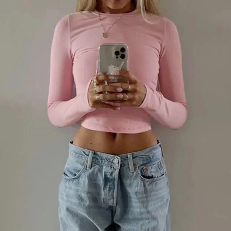 Casual Pink Skinny Long Sleeve Women Tee Shirts Solid Basic Elastic Spring Autumn Crop Tops All-Match Streetwear New