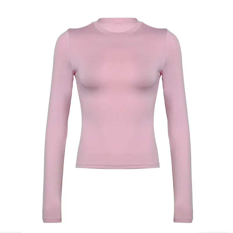 Casual Pink Skinny Long Sleeve Women Tee Shirts Solid Basic Elastic Spring Autumn Crop Tops All-Match Streetwear New