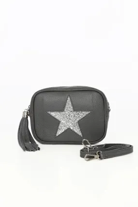 Cross Body Leather Bag Dark Grey Glitter Star