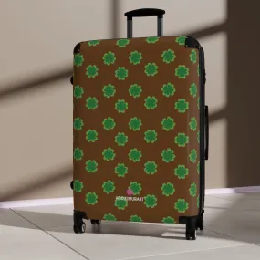 Dark Brown Clover Print Suitcases, Irish Style St. Patrick's Day Designer Suitcase Luggage (Small, Medium, Large)