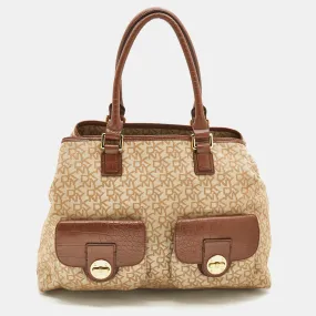 DKNY Beige/Brown Monogram Canvas and Croc Embossed Leather Turnlock Pocket Bag