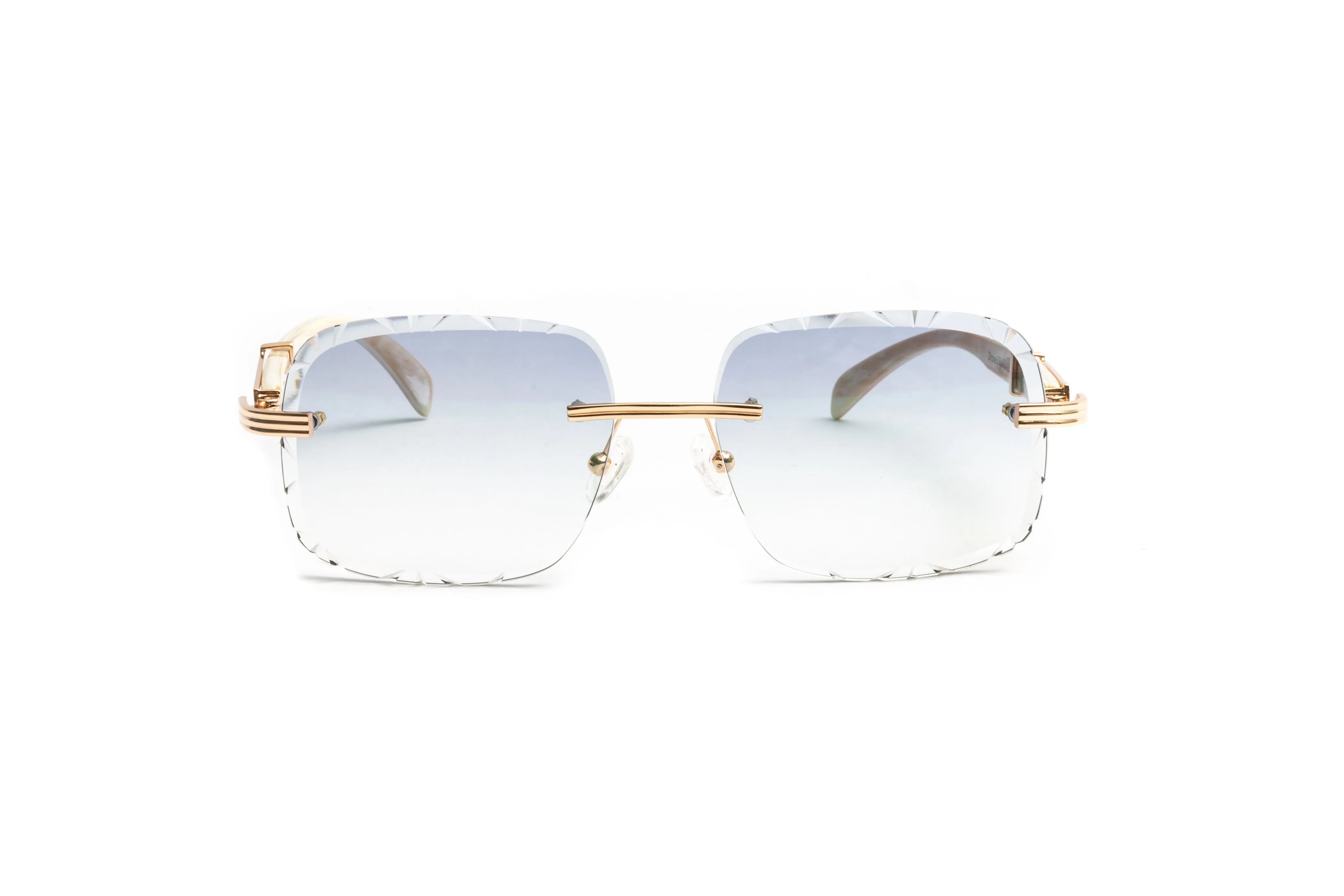 DRONE 5 18KT Gold & White Buffalo Horn Sunglasses, Gradient Grey Diamond Cut Lenses