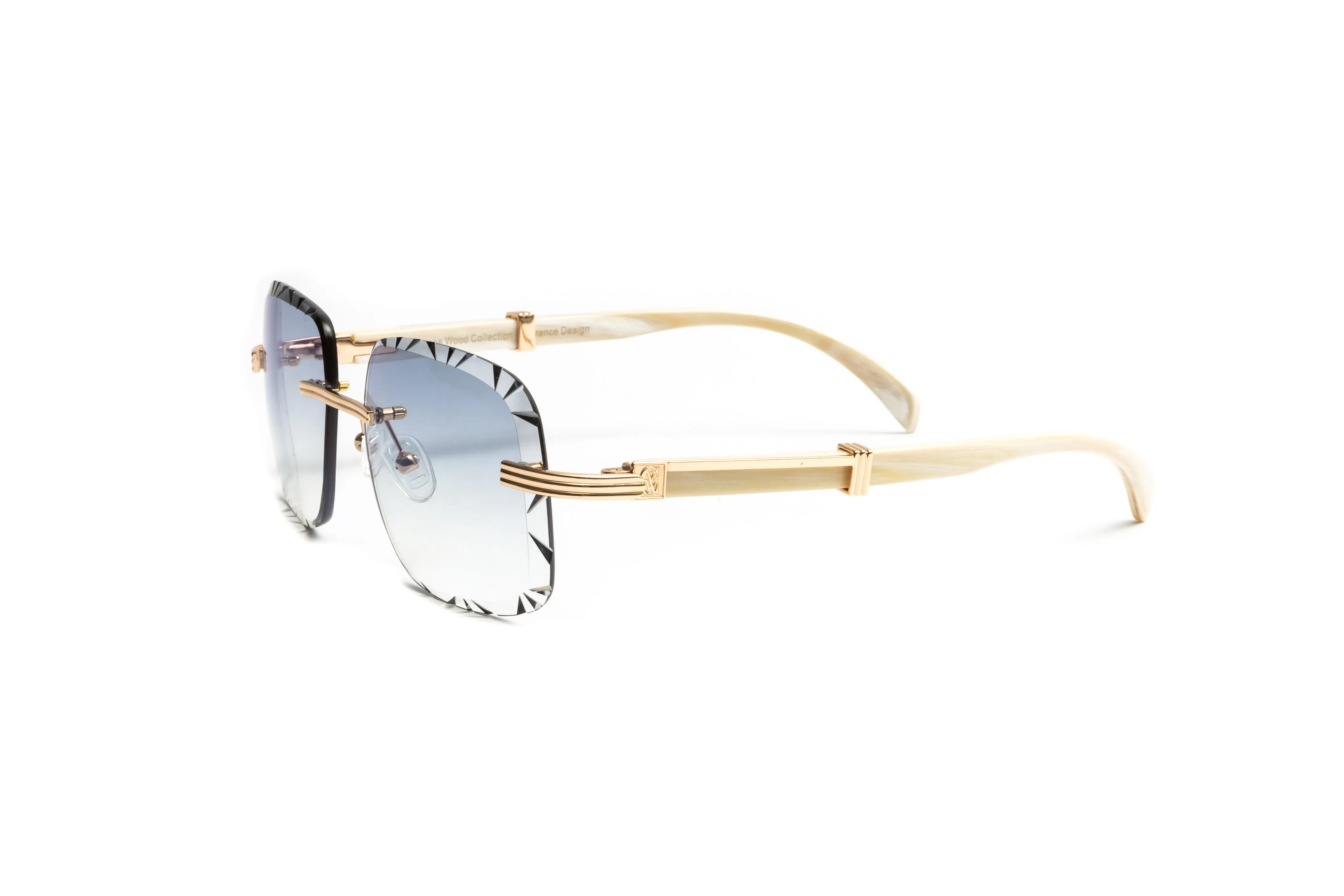 DRONE 5 18KT Gold & White Buffalo Horn Sunglasses, Gradient Grey Diamond Cut Lenses