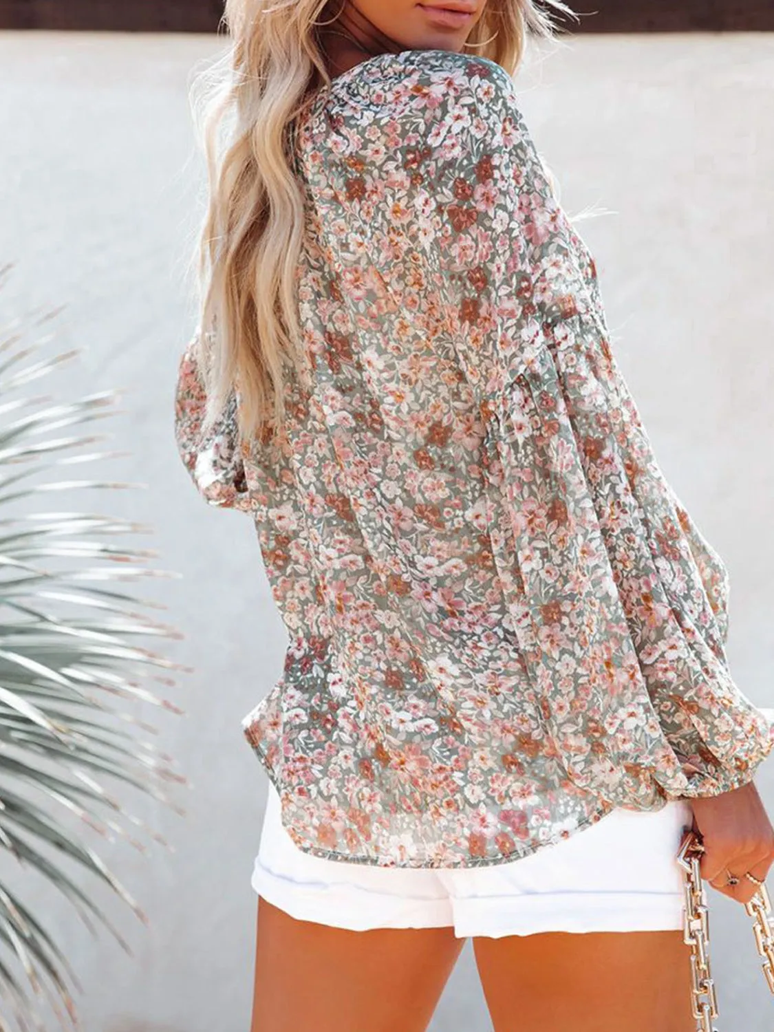 Floral Notched Balloon Sleeve Blouse