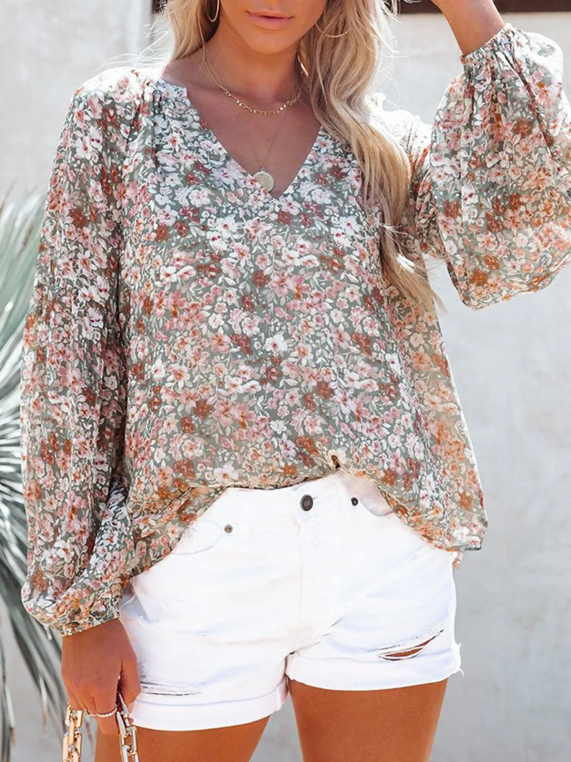 Floral Notched Balloon Sleeve Blouse